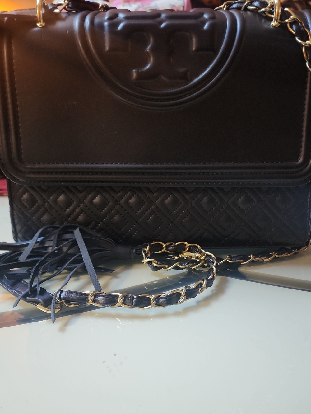 Tory Burch Black Quilted Leather Shoulder Bag with Gold Chain